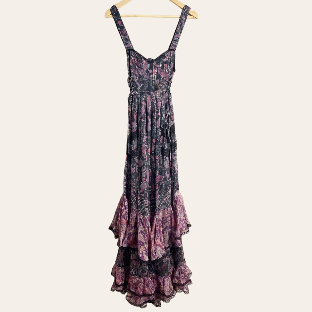 Rococo Sand Nott Sweetheart Tiered Metallic Purple Paisley Maxi Dress Size S - Picture 4 of 14